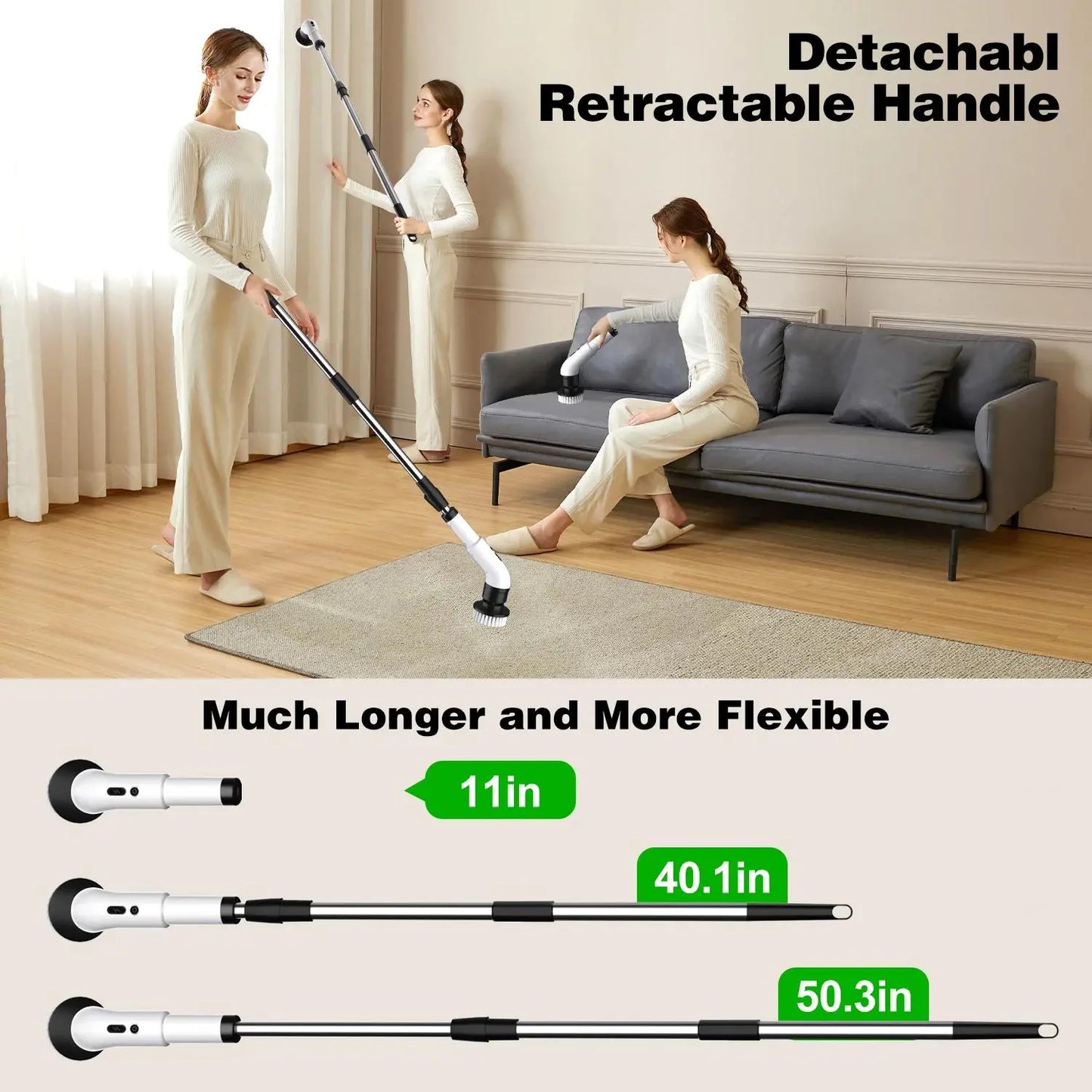 WHATOOK Cordless Electric Spin Scrubber – 7/9-in-1 Rechargeable Scrubbing Spin Brush, Powerful Cleaning Tool with Telescopic Long Handle, Replaceable Heads, Flexible Length Adjustment for Bathtub, Shower Floor Scrubber (Cordless Convenience Kit)