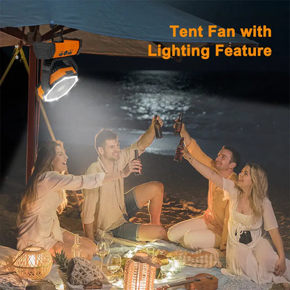 Rechargeable Camping Fan with LED Light, Portable Oscillating Fan with 360° Hook, Cordless Battery Powered