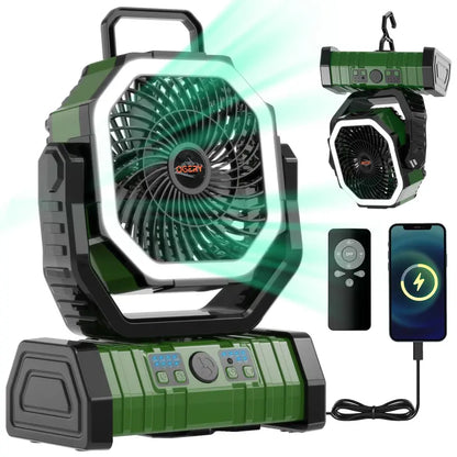 Rechargeable Camping Fan with LED Light, Portable Oscillating Fan with 360° Hook, Cordless Battery Powered