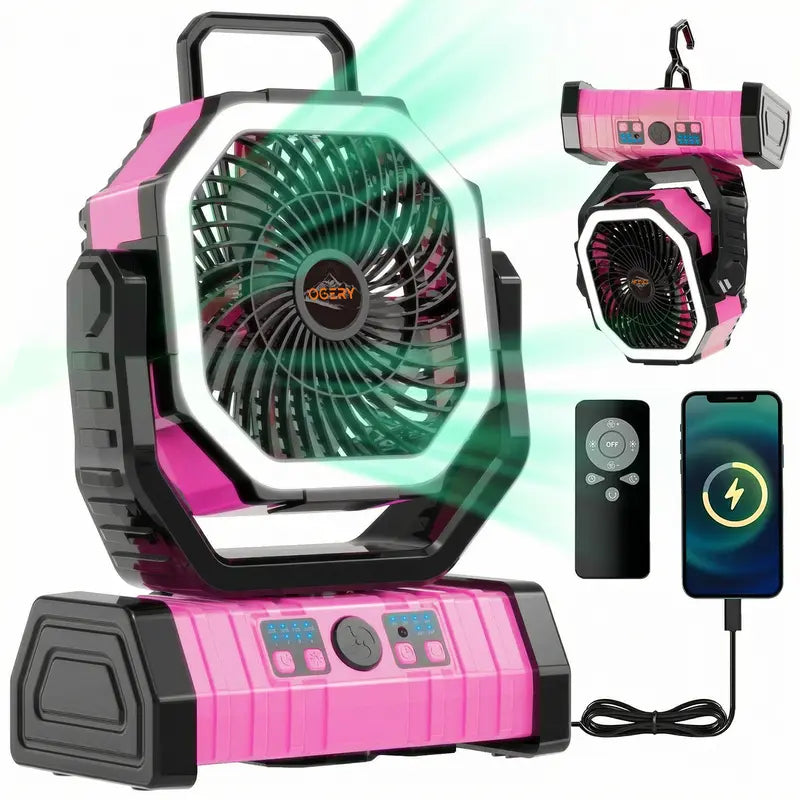 Rechargeable Camping Fan with LED Light, Portable Oscillating Fan with 360° Hook, Cordless Battery Powered