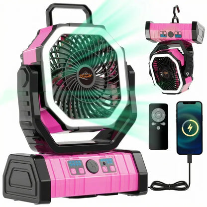 Rechargeable Camping Fan with LED Light, Portable Oscillating Fan with 360° Hook, Cordless Battery Powered