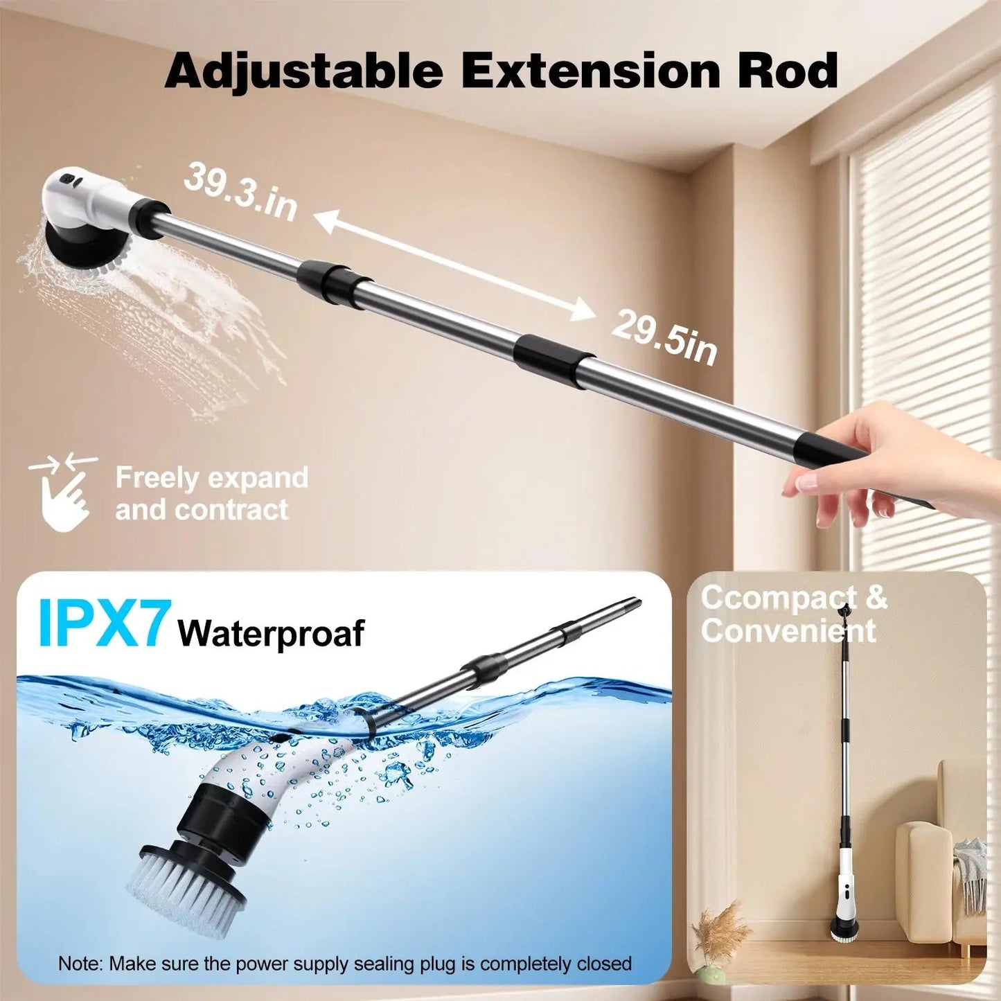 WHATOOK Cordless Electric Spin Scrubber – 7/9-in-1 Rechargeable Scrubbing Spin Brush, Powerful Cleaning Tool with Telescopic Long Handle, Replaceable Heads, Flexible Length Adjustment for Bathtub, Shower Floor Scrubber (Cordless Convenience Kit)